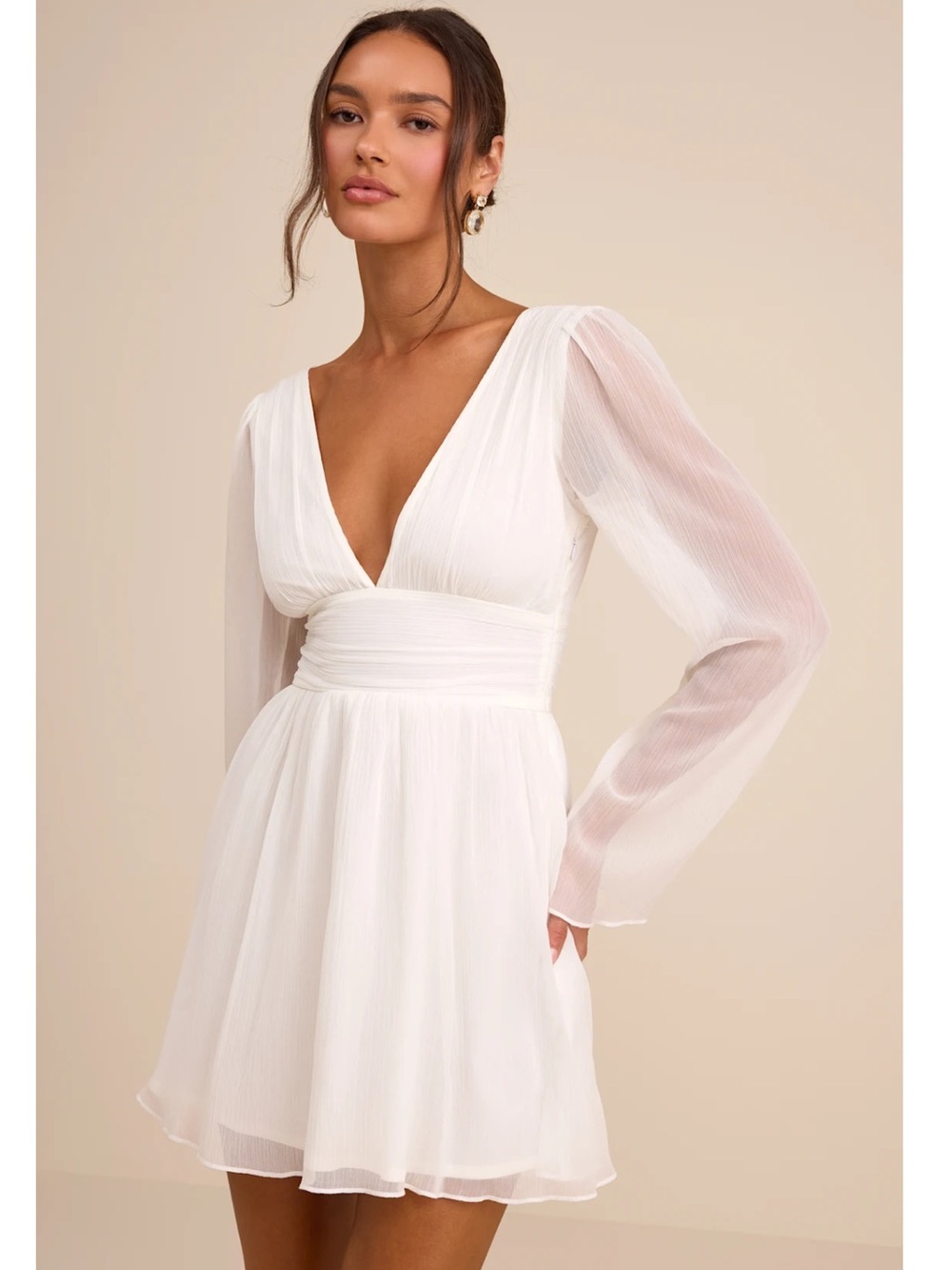 Lulus Cinna Ivory Bell Long Sleeve V-Neck Skater Chiffon Mini Dress Event Medium